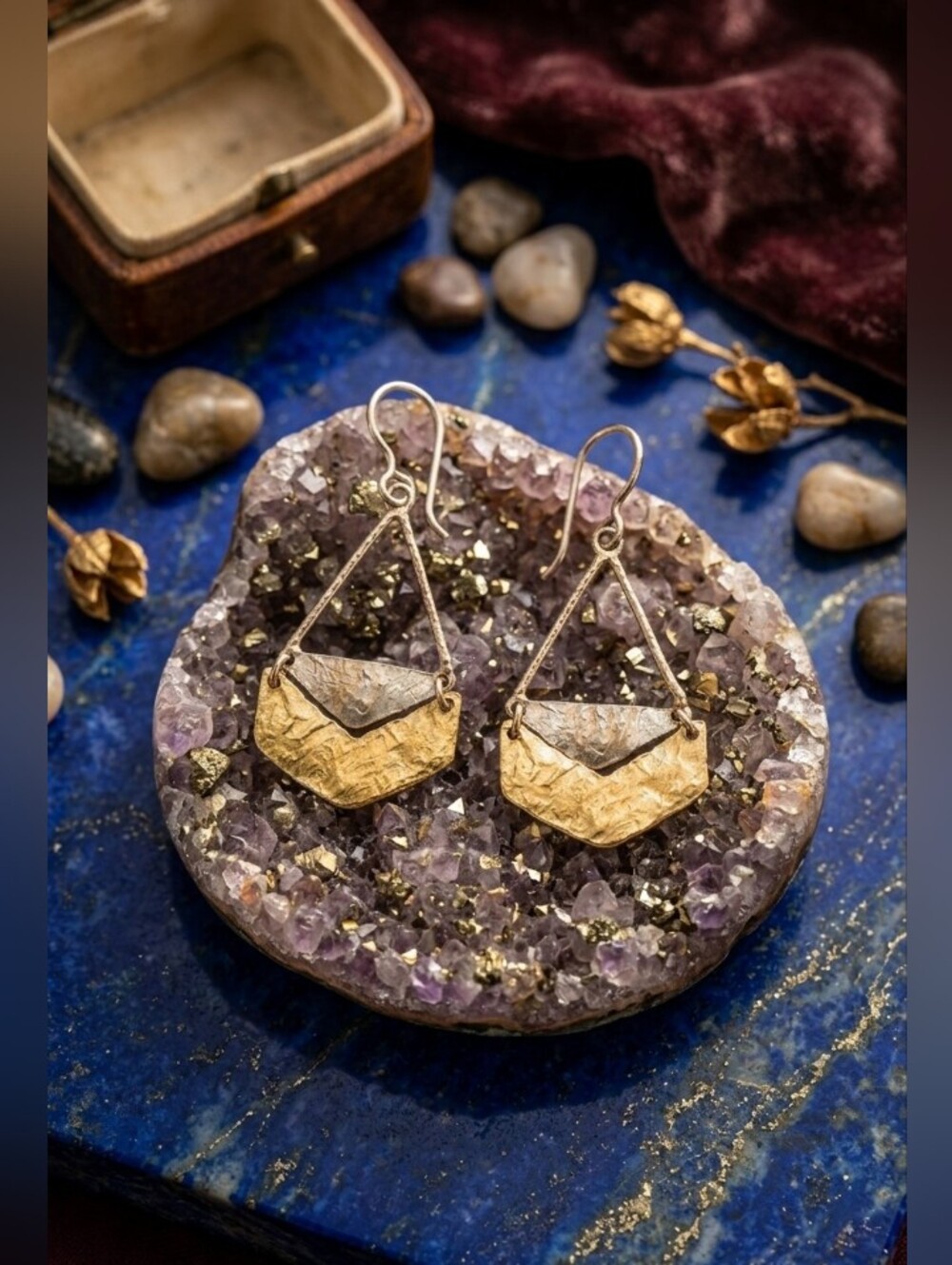 Unique Vintage Two Tone All Metal Textured Drop Earrings - Beautiful ✨